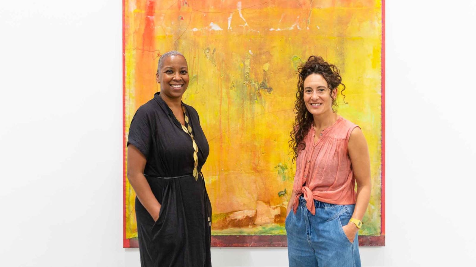 Gaylene Gould and Raquel Meseguer at Frank Bowling: Land of Many Waters, July 2021. Image by Lisa Whiting Photography for Arnolfini. All rights reserved.